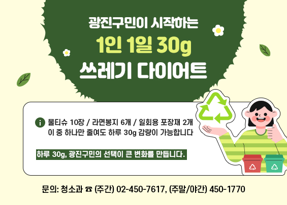 광진구민이 시작하는   1인 1일 30g 쓰레기 다이어트    ▶ 물티슈 10장 / 라면봉지 6개 / 일회용 포장재 2개  이 중 하나만 줄여도 하루 30g 감량이 가능합니다    하루 30g, 광진구민의 선택이 큰 변화를 만듭니다.    문의: 청소과 ☎ (주간) 02-450-7617, (주말/야간) 450-1770