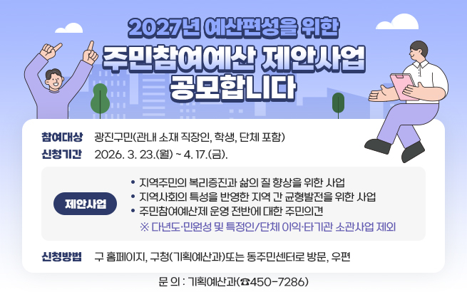2027년 예산편성을 위한 주민참여예산 제안사업 공모합니다    ◦ 참여대상 : 광진구민(관내 소재 직장인, 학생, 단체 포함)  ◦ 신청기간 : 2026. 3. 23.(월) ~ 4. 17.(금).  ◦ 제안사업  ­  - 지역주민의 복리증진과 삶의 질 향상을 위한 사업  ­  - 지역사회의 특성을 반영한 지역 간 균형발전을 위한 사업  ­  - 주민참여예산제 운영 전반에 대한 주민의견    ※ 다년도·민원성 및 특정인/단체 이익·타기관 소관사업 제외  ◦ 신청방법: 구 홈페이지, 구청(기획예산과)또는 동주민센터로 방문, 우편  ◦ 문 의: 기획예산과(☎450-7286)